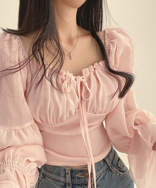 Nia(ニア)の「Nia(ニア)/シースルーボリュームフリルブラウス(シャツ/ブラウス・レディース・ホワイト/ピンク・SMALL/MEDIUM/LARGE)」の3枚目の写真