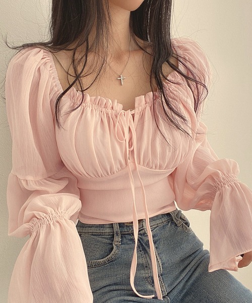 Nia(ニア)の「Nia(ニア)/シースルーボリュームフリルブラウス(シャツ/ブラウス・レディース・ホワイト/ピンク・SMALL/MEDIUM/LARGE)」の4枚目の写真