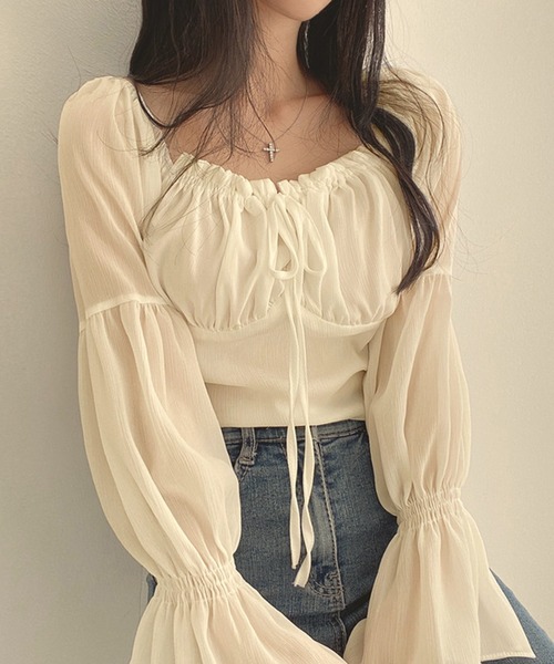 Nia(ニア)の「Nia(ニア)/シースルーボリュームフリルブラウス(シャツ/ブラウス・レディース・ホワイト/ピンク・SMALL/MEDIUM/LARGE)」の9枚目の写真