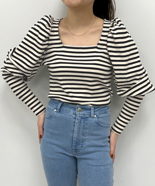 U by SPICK&SPAN(ユーバイスピックアンドスパン)の「ギャザースリーブボーダープルオーバー(Tシャツ/カットソー・レディース・ブラック・FREE)」の7枚目の写真