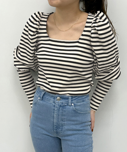 U by SPICK&SPAN(ユーバイスピックアンドスパン)の「ギャザースリーブボーダープルオーバー(Tシャツ/カットソー・レディース・ブラック・FREE)」の8枚目の写真