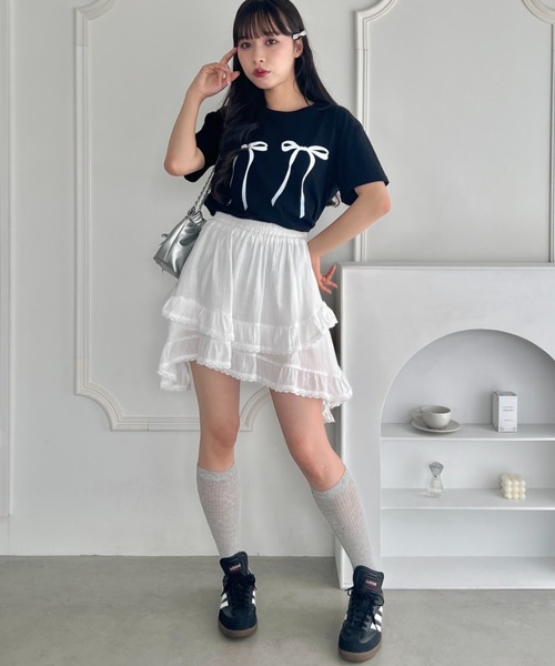 Loueme（ルエム）の「ダブルリボンプリントTシャツ（Tシャツ/カットソー・レディース・ホワイト/レッド/ブラック・FREE）」の16枚目の写真