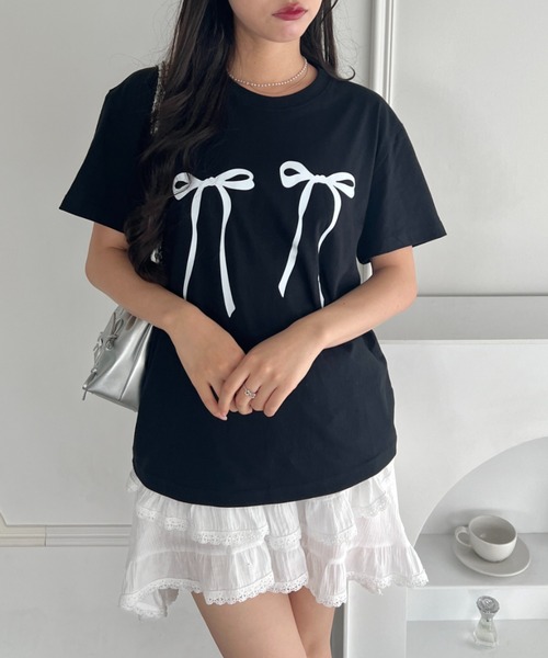 Loueme（ルエム）の「ダブルリボンプリントTシャツ（Tシャツ/カットソー・レディース・ホワイト/レッド/ブラック・FREE）」の14枚目の写真