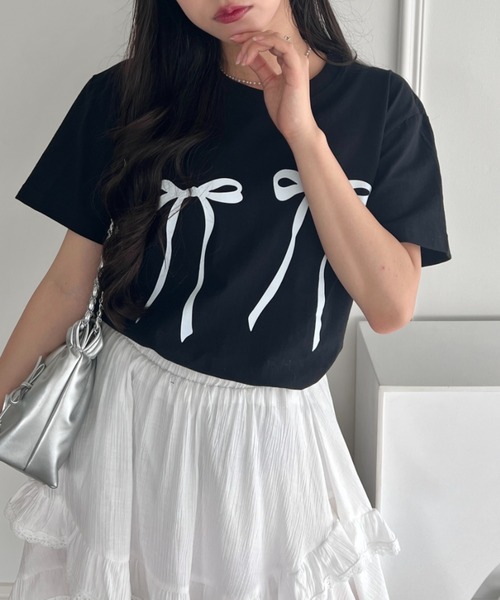 Loueme（ルエム）の「ダブルリボンプリントTシャツ（Tシャツ/カットソー・レディース・ホワイト/レッド/ブラック・FREE）」の11枚目の写真