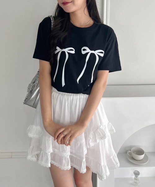 Loueme（ルエム）の「ダブルリボンプリントTシャツ（Tシャツ/カットソー・レディース・ホワイト/レッド/ブラック・FREE）」の13枚目の写真