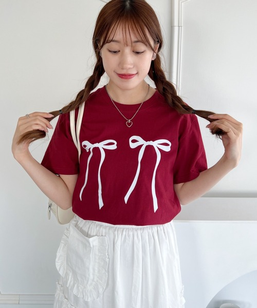 Loueme（ルエム）の「ダブルリボンプリントTシャツ（Tシャツ/カットソー・レディース・ホワイト/レッド/ブラック・FREE）」の21枚目の写真