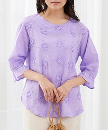 ラベンダー花柄刺繍ボタンアップシャツ ラベンダー」に該当するシャツ/ブラウス（花柄・ボタニカル柄