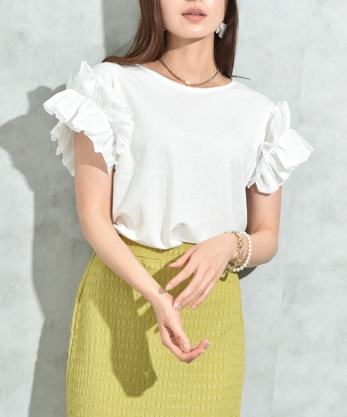 INTERPLANET（インタープラネット）の「【接触冷感】カノコ袖異素材切替ギャザープルオーバー（Tシャツ/カットソー・レディース・ブラック/ピンク/オフホワイト・FREE）」の2枚目の写真