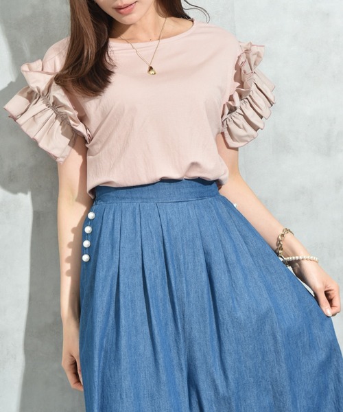 INTERPLANET（インタープラネット）の「【接触冷感】カノコ袖異素材切替ギャザープルオーバー（Tシャツ/カットソー・レディース・ブラック/ピンク/オフホワイト・FREE）」の3枚目の写真