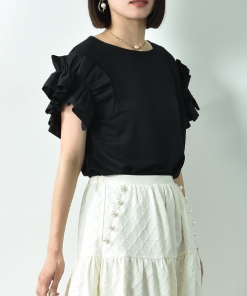 INTERPLANET（インタープラネット）の「【接触冷感】カノコ袖異素材切替ギャザープルオーバー（Tシャツ/カットソー・レディース・ブラック/ピンク/オフホワイト・FREE）」の4枚目の写真