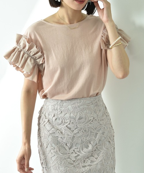 INTERPLANET（インタープラネット）の「【接触冷感】カノコ袖異素材切替ギャザープルオーバー（Tシャツ/カットソー・レディース・ブラック/ピンク/オフホワイト・FREE）」の6枚目の写真