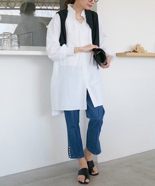 nissen(ニッセン)の「衿フリルスタンドカラーシャツワンピースラッシュガード(ラッシュガード・レディース・ブラック/オフホワイト・S-M/L-XL)」の9枚目の写真