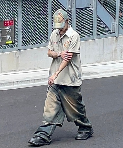 XU（エックスユー）の「ストリートファッション XU エックスユー damage polo t-shirts ダメージ ウォッシングポロシャツ 半袖ポロシャツ カレッジポロシャツ 刺しゅうロゴトップス 半袖トップス オーバーサイズ 韓国ファッション 韓国ストリート（ポロシャツ・メンズ・ブラック/ネイビー/ベージュ・ONE SIZE）」の11枚目の写真