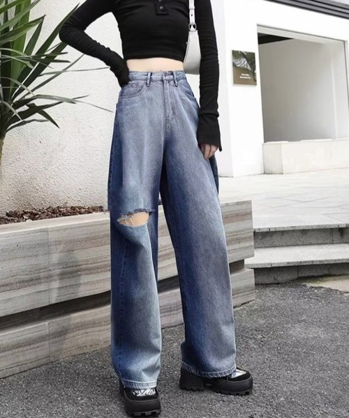 Miniministore(ミニミニストア)の「デニムワイドパンツ サイドダメージ韓国風(デニムパンツ・レディース・インディゴブルー・M/XL/S/L)」の1枚目の写真