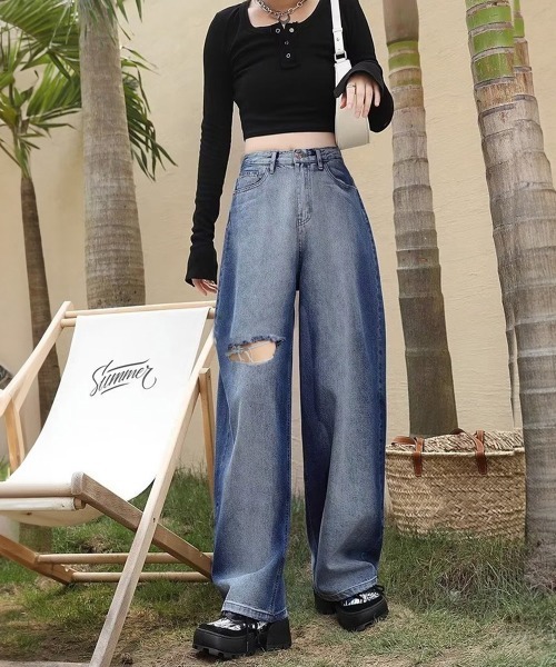 Miniministore(ミニミニストア)の「デニムワイドパンツ サイドダメージ韓国風(デニムパンツ・レディース・インディゴブルー・M/XL/S/L)」の22枚目の写真