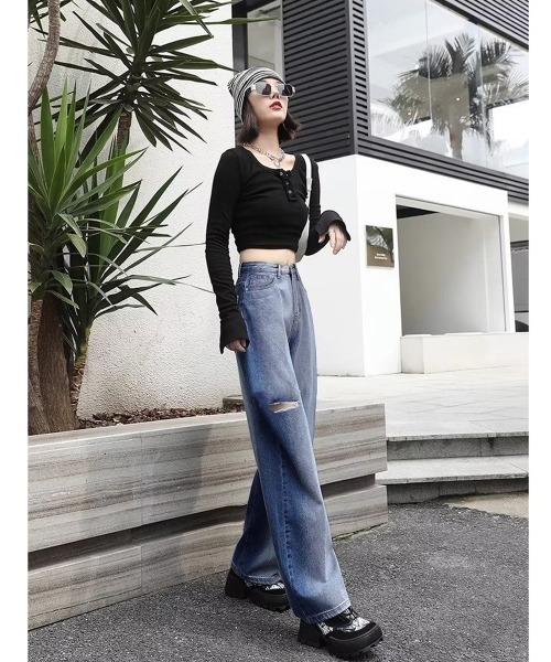 Miniministore(ミニミニストア)の「デニムワイドパンツ サイドダメージ韓国風(デニムパンツ・レディース・インディゴブルー・M/XL/S/L)」の20枚目の写真