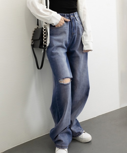 Miniministore(ミニミニストア)の「デニムワイドパンツ サイドダメージ韓国風(デニムパンツ・レディース・インディゴブルー・M/XL/S/L)」の4枚目の写真