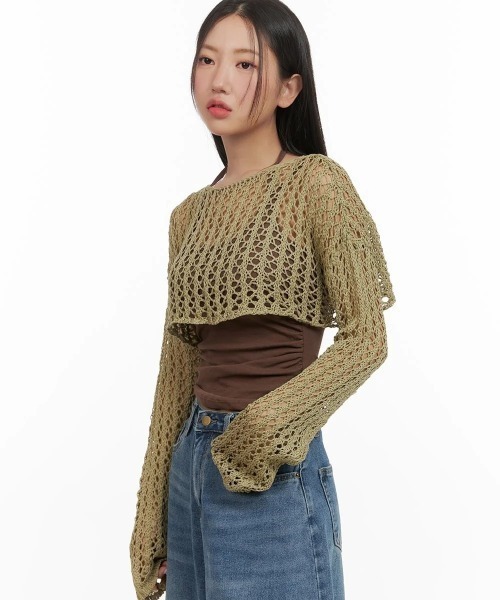 .KOM(ドットコム)の「A'GEM/9 × .kom 『.KOM/ドットケーオーエム』 メッシュクロップ長袖(Tシャツ/カットソー・レディース・カーキ/ホワイト/ブラック・FREE)」の6枚目の写真