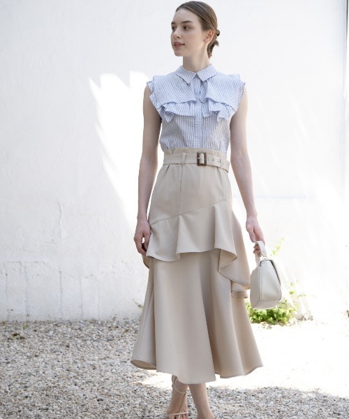 AND COUTURE（アンドクチュール）の「アシメフリルティアードスカート（スカート・レディース・オレンジ/サックスブルー/ブラック/ベージュ・SMALL/MEDIUM）」の18枚目の写真