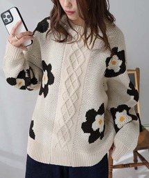 花柄ケーブルニット