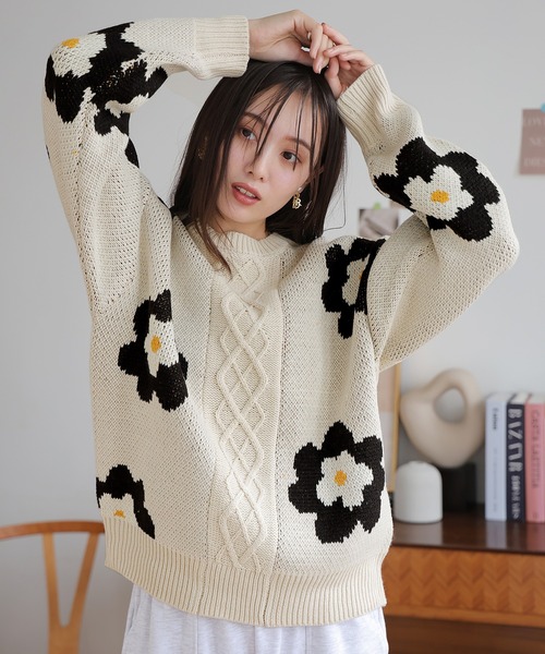 エルエルビーン 希少 ニット セーター ホワイト 花柄 美品 エルエル