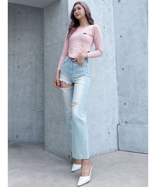 GYDA(ジェイダ)の「round GYロゴプリントラウンドヘムロンT(Tシャツ/カットソー・レディース・ピンク/ブラック/オフホワイト・FREE)」の4枚目の写真