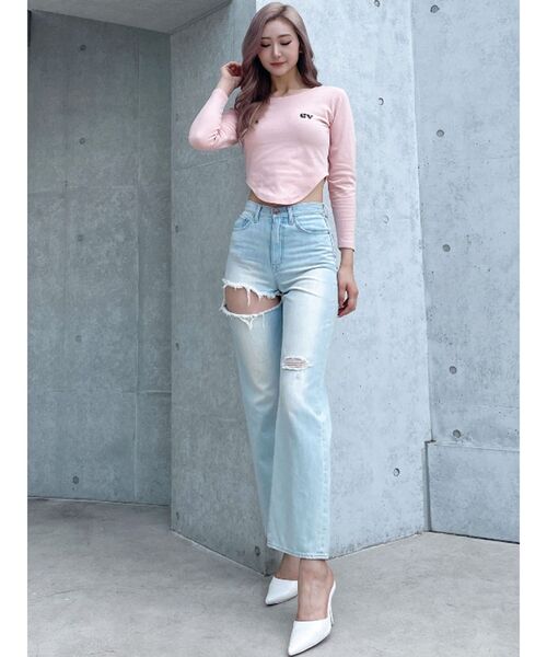 GYDA(ジェイダ)の「round GYロゴプリントラウンドヘムロンT(Tシャツ/カットソー・レディース・ピンク/ブラック/オフホワイト・FREE)」の5枚目の写真