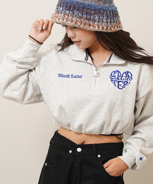 トレーナー スウェット STARTER ハートモチーフ ショート丈 ハーフジップ スウェット / Heart motif short length h セール】STARTER ハートモチーフ ショート丈 ハーフジップ