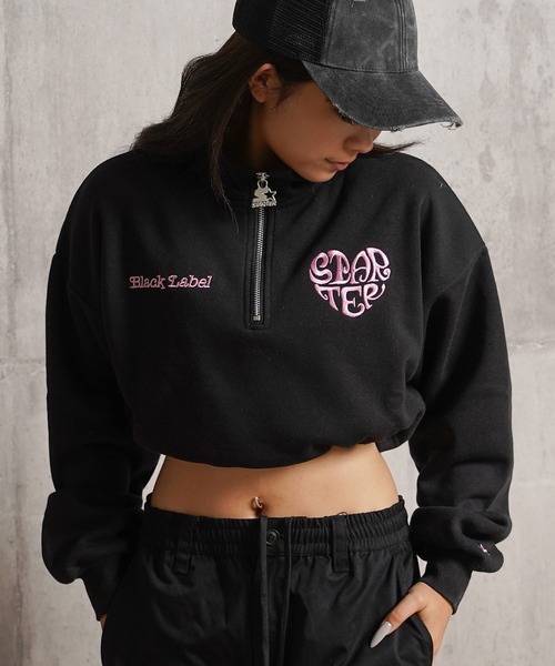 トレーナー スウェット STARTER ハートモチーフ ショート丈 ハーフジップ スウェット / Heart motif short length h セール】STARTER ハートモチーフ ショート丈 ハーフジップ