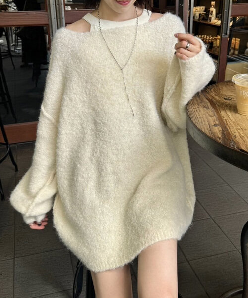 mystic(ミスティック)の「ブークレMIXニット(ニット/セーター・レディース・ピンク/ベージュ/アイボリー/グレー/ブルー・FREE)」の6枚目の写真