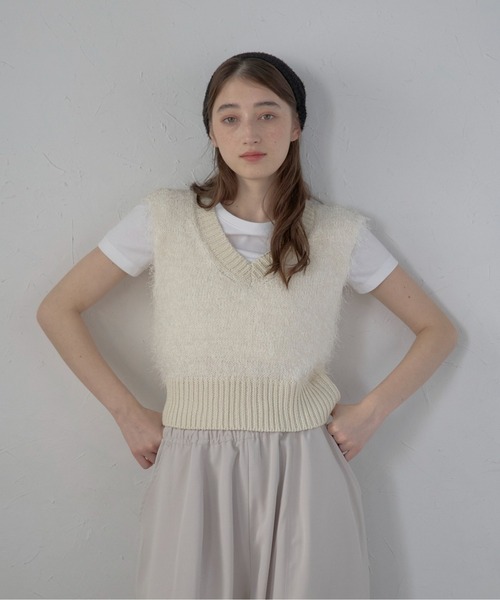 MINERTE ハンドニットベスト アイボリー セール】【MINERTE】hand knit vest / ハンドニットベスト