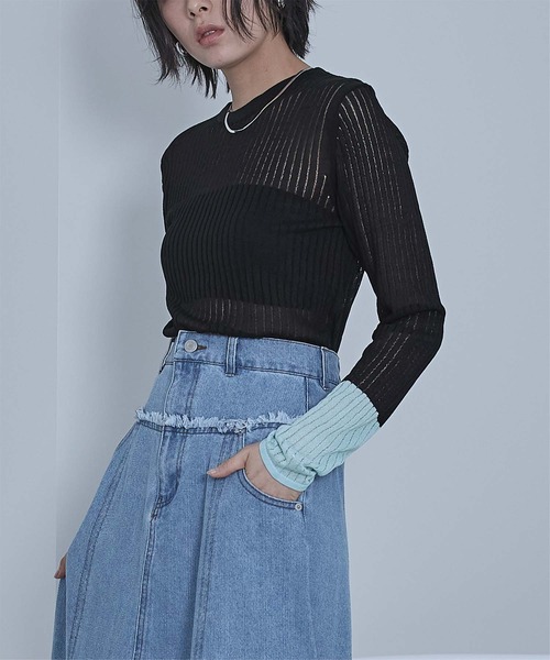 miette(ミエット)の「袖口配色シアートップス(Tシャツ/カットソー・レディース・グレー/ブラック/ライトブルー/ホワイト・FREE)」の14枚目の写真