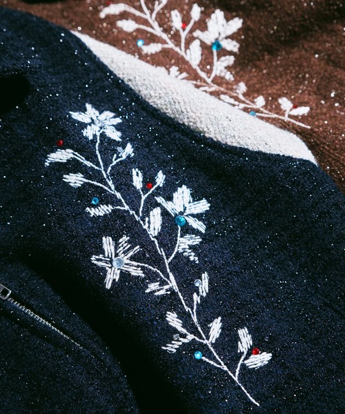 Camphor wood 花刺繍ラメツイードスタジアムジャケット Navy L