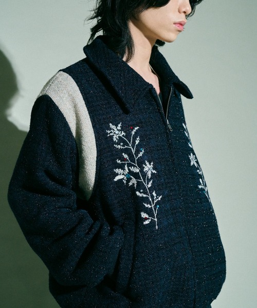 Camphor wood 花刺繍ラメツイードスタジアムジャケット Navy L flower embroidery lame tweed varsity jacket / 花刺繍ラメ