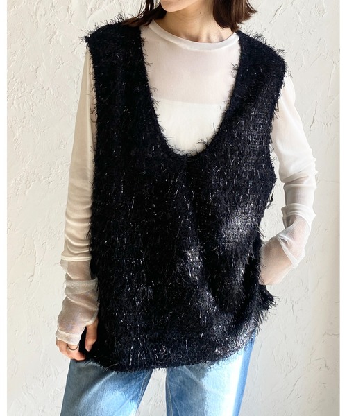 新品 Russeluno ラメ フード ベスト エンブレム ファー ブラウン L