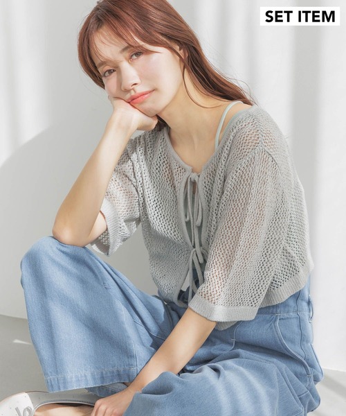 mysty woman(ミスティウーマン)の「リボンカーデタンクアンサンブル 324725(カーディガン/ボレロ・レディース・ライトグリーン/ライトカーキ/グレイッシュベージュ/チャコールグレー・FREE)」の3枚目の写真