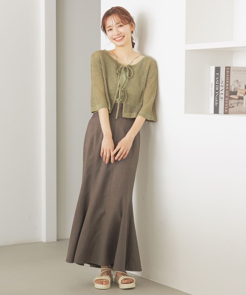 mysty woman(ミスティウーマン)の「リボンカーデタンクアンサンブル 324725(カーディガン/ボレロ・レディース・ライトグリーン/ライトカーキ/グレイッシュベージュ/チャコールグレー・FREE)」の5枚目の写真