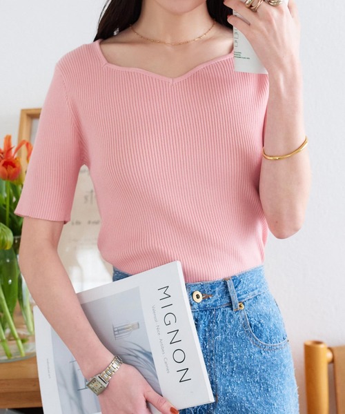 KOBE LETTUCE（コウベレタス）の「ハートネックリブニットトップス（ニット/セーター・レディース・オフホワイト/ブラック/ピンク/ネイビー/イエロー/イエロー系/ピンク系/ネイビー系/ブラック系/ホワイト系・L/M/M1/L1）」の20枚目の写真