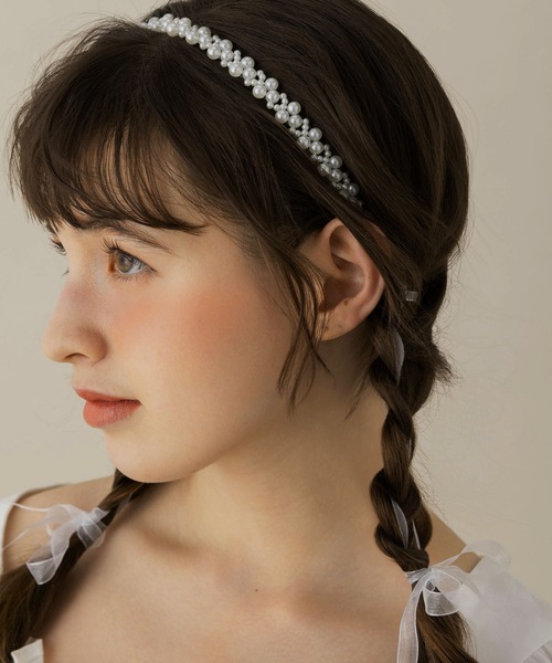 LA MUE】パール×編み込みレースリボンヘッドドレス（カチューシャ
