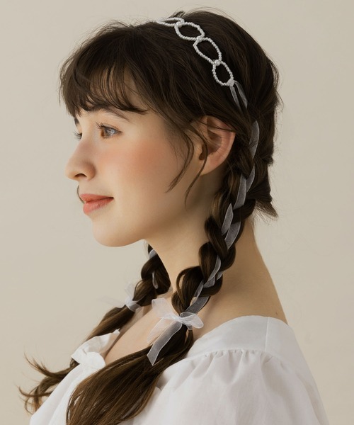 LA MUE】パール×編み込みレースリボンヘッドドレス（カチューシャ