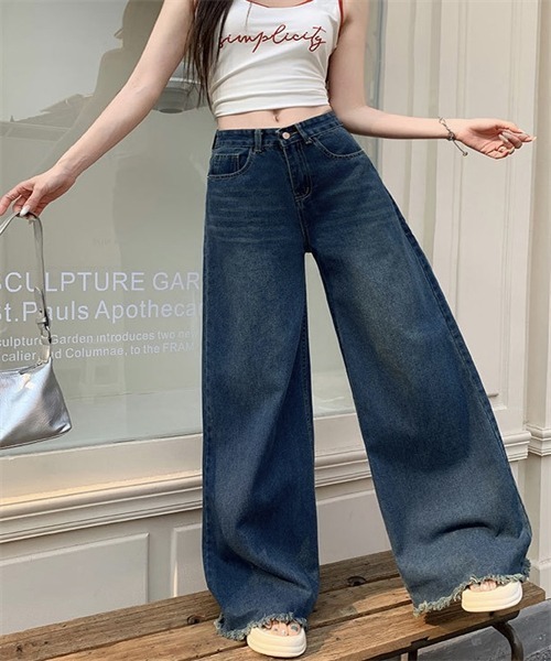 Dream garden(ドリームガーデン)の「メンズライク 裾フリンジ ワイドデニムパンツ(デニムパンツ・レディース・インディゴブルー/ライトブルー・S/L/XL/2XL/4XL/5XL/M/3XL)」の9枚目の写真