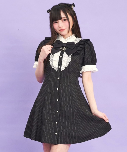 Secret Honey（シークレットハニー）の「アクセサリーリボン半袖レースフリルワンピース（ワンピース・レディース・ストライプ/ブラックミックス/ブラック・MEDIUM）」の2枚目の写真