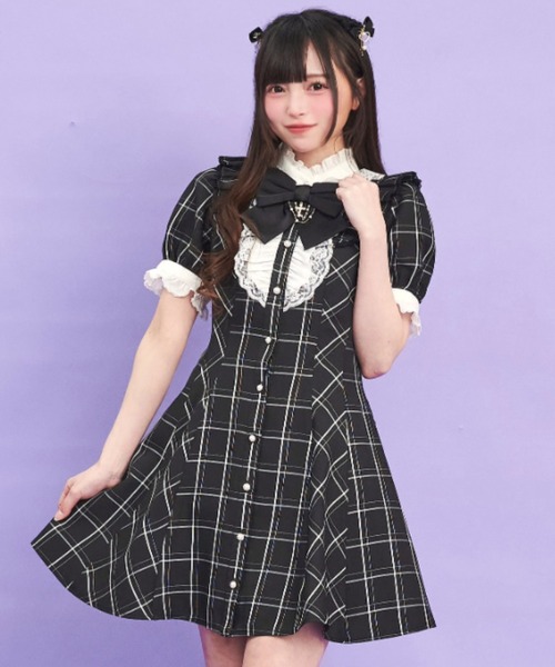 Secret Honey（シークレットハニー）の「アクセサリーリボン半袖レースフリルワンピース（ワンピース・レディース・ストライプ/ブラックミックス/ブラック・MEDIUM）」の3枚目の写真