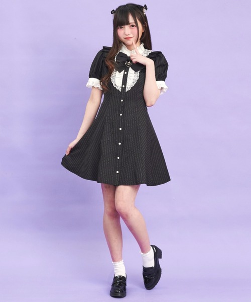Secret Honey（シークレットハニー）の「アクセサリーリボン半袖レースフリルワンピース（ワンピース・レディース・ストライプ/ブラックミックス/ブラック・MEDIUM）」の4枚目の写真