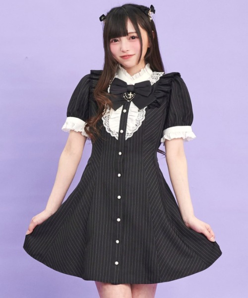 Secret Honey（シークレットハニー）の「アクセサリーリボン半袖レースフリルワンピース（ワンピース・レディース・ストライプ/ブラックミックス/ブラック・MEDIUM）」の5枚目の写真