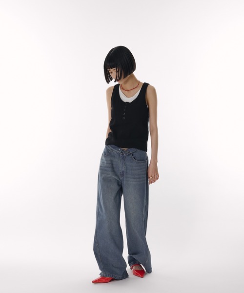 OAF デニムパンツ　FOLD WAIST DENIM ANPAS ジーンズ Wide Tapered Side Fringe Denim Pants/ サイド