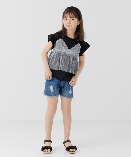 セール】リボンチュール 袖フリルTシャツ（Tシャツ/カットソー