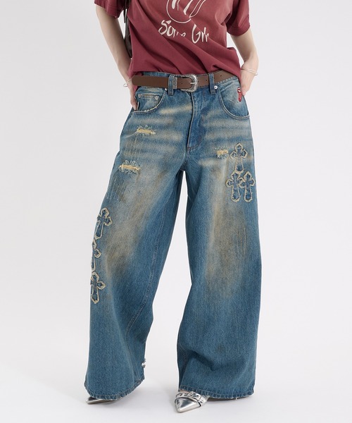 CROSS DAMAGE DENIM PANTS クロスダメージデニムパンツ（デニム