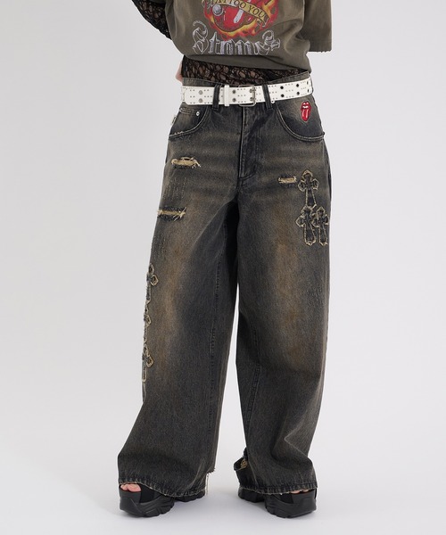 開店祝い セール】CROSS DAMAGE DENIM PANTS クロスダメージデニムパンツ パンツ