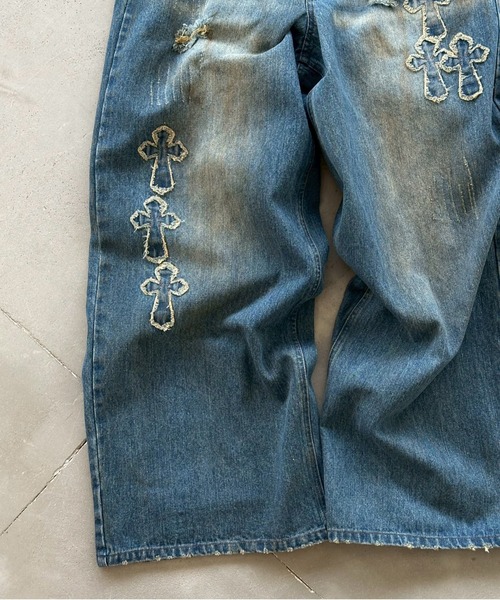 パンツ fuga cross design damaged denim size46 セール】CROSS DAMAGE DENIM PANTS クロスダメージデニムパンツ